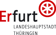 Wort-Bild-Marke mit Schriftzug Erfurt, daran hochgestelltes rotes Rad und Zusatztext Landeshauptstadt Thüringen