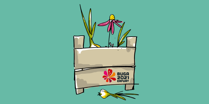 stilisierte Kiste mit Blumen und Blumenzwiebeln und dem Logo der Bundesgartenschau
