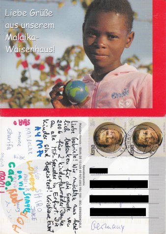 Postkarte mit Foto, Text: Liebe Grüße aus dem Malaika-Waisenhaus