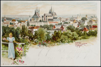 Postkarte mit Blick auf Altstadt im Hintergrund Dom und Severikirche und handgeschriebenen Text
