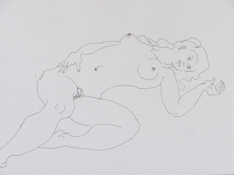 Eine Strichzeichnung, abgebildet eine Dame, nackt.