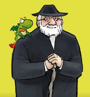 Ein älterer Herr mit schwarzem Hut und Stock, auf seiner Schulter rechts der Drache Friedel