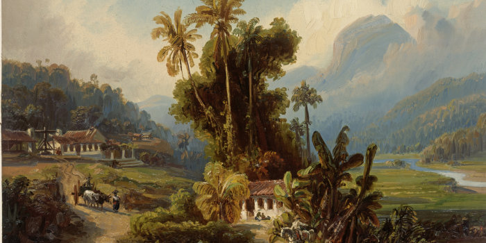 Ferdinand Bellermann: Zuckerrohrplantage von San Esteban bei Puerto Cabello, 1842-1845, Öl auf Pappe, 28,9 x 42,6 cm Im Vordergrund Bach mit Steg, im Mittelpunkt eine Baumgruppe, im Hintergrund hohe Berge. Rechts im Bild ein Fluss, davor Arbeiter auf der Plantage, als Aufseher ein Herr auf einem Schimmel. Links ein Höhenzug mit Gebäuden.