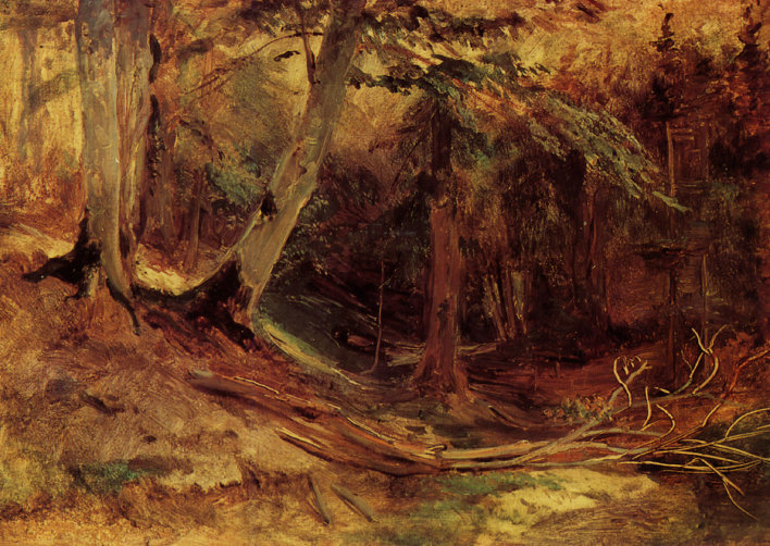 In Braun-, Gelb- und Grüntönen gehaltenes Gemälde einer Waldlandschaft.