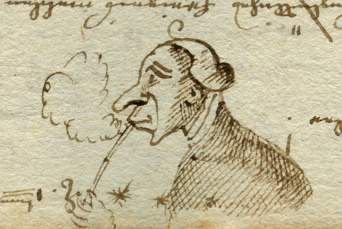 Feine braune Strichzeichnung einer Mannes mit einer Pfeife.