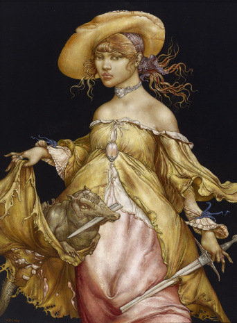 Junge Frau mit großem Hut und rotem, fliegendem Haar. Langes, weich fallendes Kleid in Gold- und Rosé-Tönen. In der linken, gespreizten Hand, ein abgebrochenes Schwert.