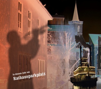 New-Orleans-Festival Erfurt ein buntes Plakatmotiv mit Trompeterschatten an Hauswand