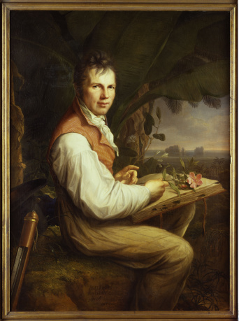 Ölgemälde eines Mannes mit rostfarbener Weste und weißem Tuch auf einem Stein sitzend. Auf dessen Knien ein aufgeschlagenes Buch, in dessen rechter Hand eine zartrosafarbene Blüte. Im Hintergrund ein Baum, links, und eine weite Landschaft.