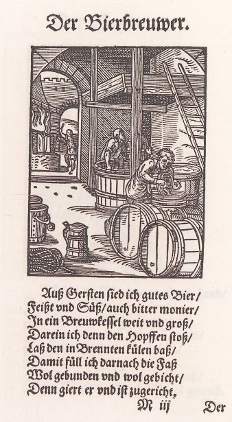 Ein historischer Holzschnitt mit der Abbildung von Personen und Bierfässern.