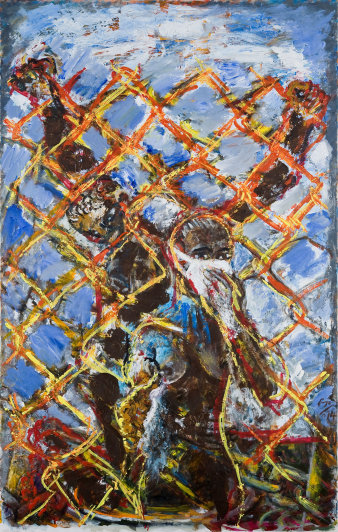 Bild: Erich Enge: Afrikas Dornenweg, Acryl auf Leinwand, 2014, 160 x 100 cm © Stadtverwaltung Erfurt / D. Urban Nackte Frau mit einem Mundschutz vor einem Maschendrahtzaun, dahinter ein Mensch mit erhobenen Armen.
