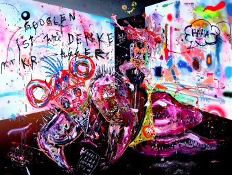 Foto: Marc Jung, Hinterwelt getrieben von Kindergeld, 2014, mixed media on canvas, 150 x 120 cm © Marc Jung | courtesy HAMMERSCHMIDT + GLADIGAU contemporary fine arts, Foto: Falko Behr Farbintensives Bild.