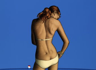 Rückendarstellung einer jungen Frau im gelben Bikini.
