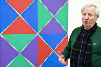 Älterer Herr mit weißem Haar und grünem Pullover spricht vor einem Kunstwerk. 