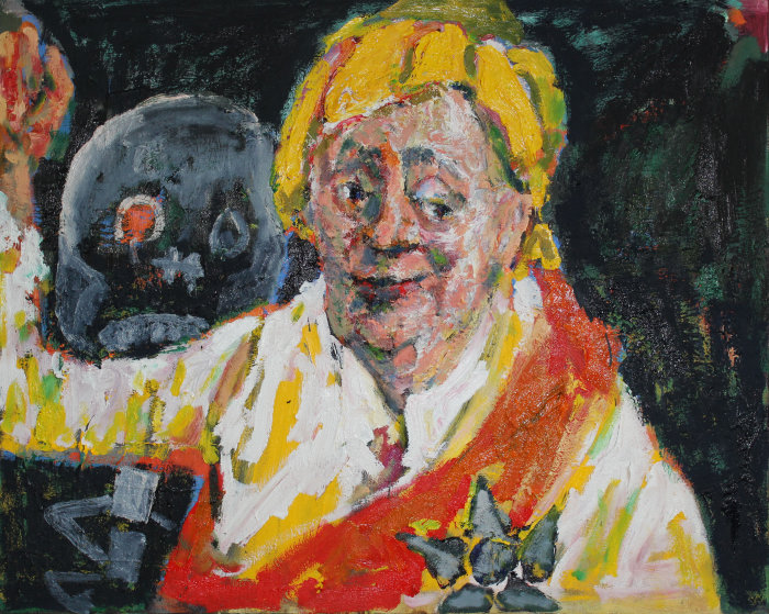 Farbiges Porträtgemälde mit dunkelgrauem Gerippe etwas im Hintergrund