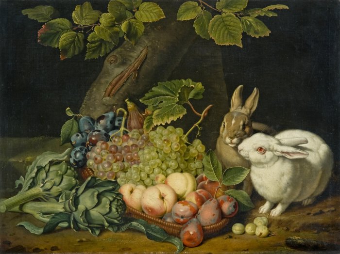 Stillleben mit Früchten in einem Korb und zwei Kaninchen