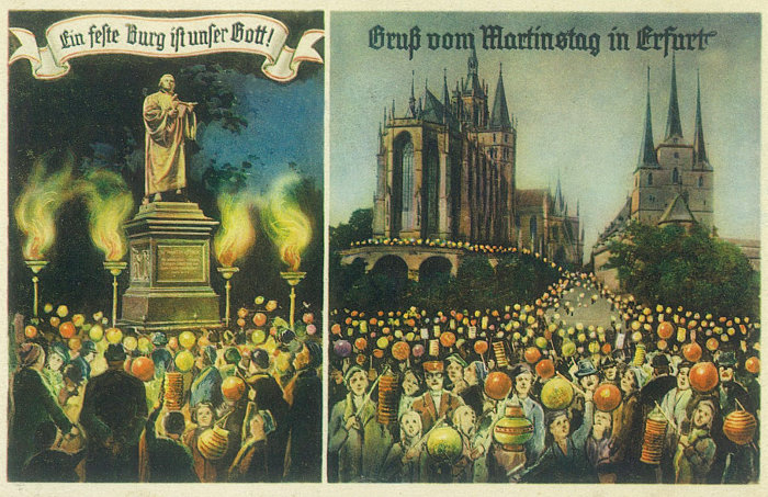 "Ein feste Burg ist unser Gott!": Ansichtskarte "Gruß vom Martinstag in Erfurt" Farbige Ansichtskarte zweigeteilt. Links die Darstellung des Martin-Luther-Denkmals vor der Kaufmannskirche, rechts die Darstellung der Doms St. Marien und der Kirche St. Severei, im Vordergrund jeweils zahlreiche Menschen mit Laternen.