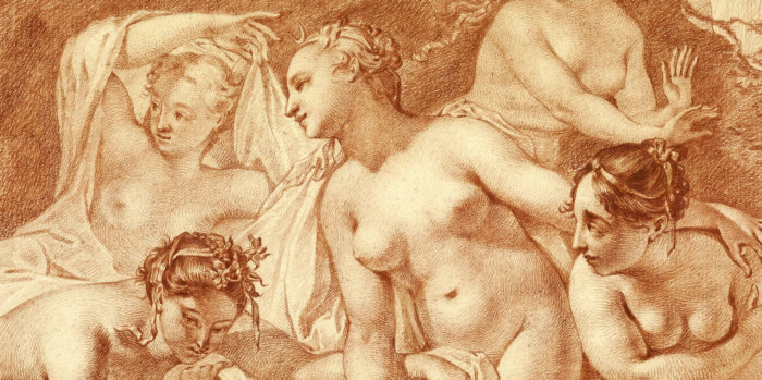 Aktäon überrascht die badende Diana mit ihrem Gefolge, 1711, Rötelzeichnung, 29,1 x 44,4 cm Fünf nackte Frauen im Wasser, links ein heraneilender Mann, mit Hund.