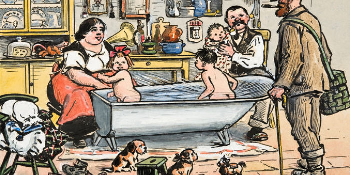 Foto: Heinrich Zille, Familienbad, Badewanne, 1918 Tuschfeder, Wasserfarben und Deckweiß © Angermuseum Erfurt, Grafische Sammlung /Foto: Dirk Urban Typische Zille-Familie mit Kindern in einer Zink-Badewanne. Rechts ein Mann mit Zigarre, Hut und Umhängetasche, alle in einer Küche.