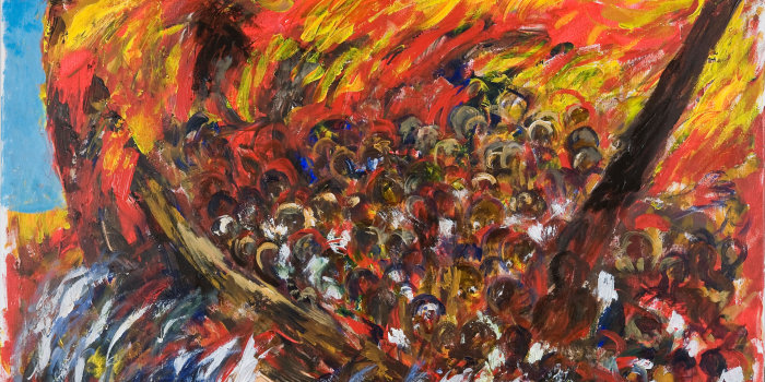 Bild: Erich Enge: Feuer (Lampedusa II), Acryl auf Leinwand, 2014, 70 x 100 cm © Stadtverwaltung Erfurt / D. Urban Zahlreiche Menschen in einem brennenden Boot, welches von hohen Wellen umgeben ist.