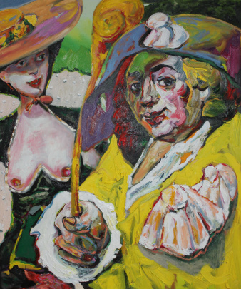 Zwei farbig gestaltete Personen aus der Zeit des Barock, der Herr in gelber Kleidung, die Dame oben ohne, aber mit Hut.