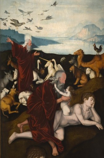 biblische Szene mit Gott, Menschen und Tieren vor weiter Landschaft