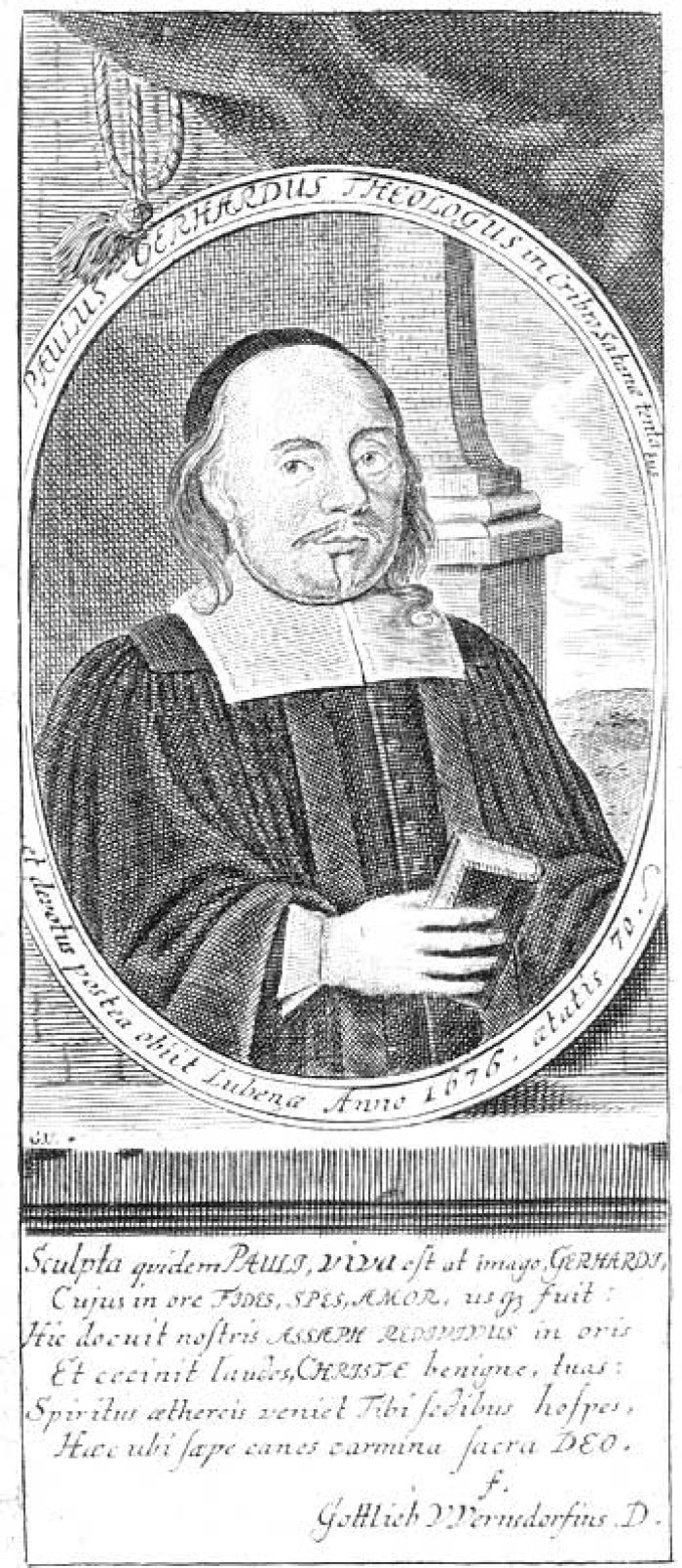 Paul Gerhardt, Kupferstich aus dem 17. Jahrhundert Ein Herr im Stil der Zeit.