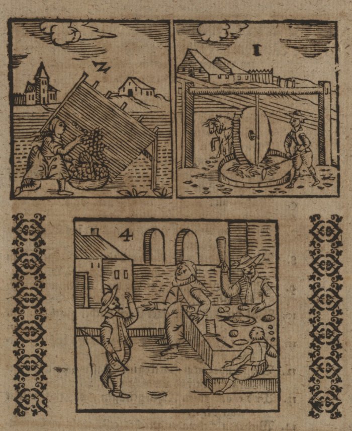 Laurentius Niska: WeydBedencken/ Das ist: Unvorgreifflichen angezeigte wolgemeinte Ursachen und Mittel/ Wie und warumb dem Lande zu Düringen ... die zuvorhin durch den Weydbaw und dessen Handel gehabte Nahrung/ widerumb an die Hand zu geben ... und dardurch Geldt in dasselbe zu bringen/ und einzuführen ; Item/ was durch die untüchtigen Farben vor Schaden und Betrug/ erwachse/ und dargegen ein jeder In: oder Außländischer vor einen Unterscheidt und Nutz/ an denen mit Weyd gefärbten Tüchern/ und Wahren/ in tragung der Kleider/ zu empfinden / Von einem/ so es durch angewandten Fleiß an die Hand gebracht/ und in Druck verfertiget/ Mit beygefügten Figuren gezieret. Erffurdt : Fritzsche, 1631 Drei Zeichnungen des Waidanbaues und der Waidverwendung