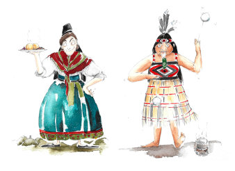 zwei Frauen nebeneinander frontal gemalt, eine deutsche in Tracht und Klößgericht in der Hand und eine neuseeländische mit traditioneller Kleidung und Kochtopf auf der Erde