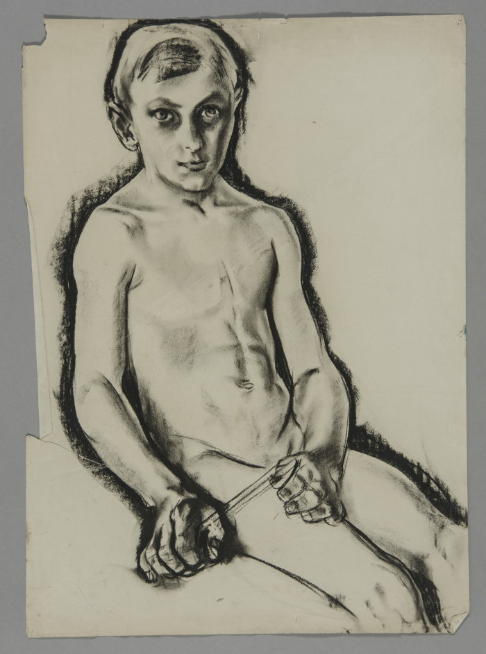 Franz Markau, Skizze zu "Hausmusik", 1935, Kohle auf Papier sitzender unbekleideter Junge