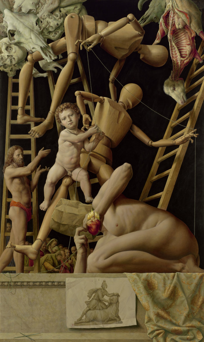 Michael Triegel: Verwandlung der Götter, 2010. Mischtechnik auf Malpappe, 196 x 117 cm. Eine biblische Szene.