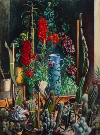 Otto Schön, Goldlack mit Kakteen, Öl auf Leinwand, 71,3 x 53 cm, 1930 Farbiges Stillleben mit Kakteen mit Kakteen, dazwischen roter Rittersporn und blaue Kanne.