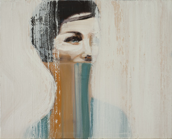 Frank Berendt, Frauenporträt 8, 2008, Öl auf Leinwand, 40 x 50 cm helle Farben, weiß und türkis, durchqueren ein Frauenporträt