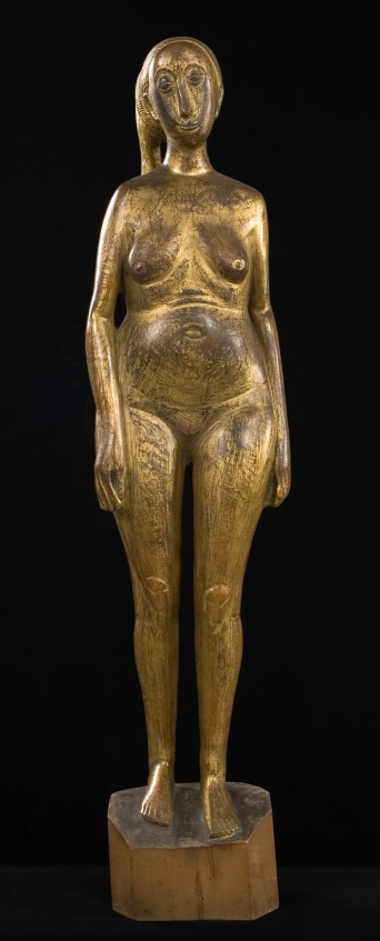 stehende Frau aus Birnenholz, teils vergoldet