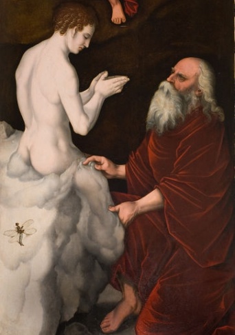 Hans Baldung Grien, Die Erschaffung der Tiere und des ersten Menschenpaares, Detail, Foto: Dirk Urban Ausschnitt aus dem Altar, sitzender Knabe auf einem weißen Stein, davor kniender Mann mit rotem Mantel