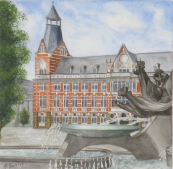 Aquarellmalerei, zu sehen ist die Hauptpost am Anger in Erfurt. Das Bild wurde von Birgit Horn gemalt