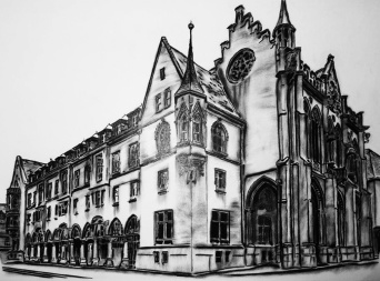 Kohlezeichnung die das Rathaus der Landeshauptstadt Erfurt darstellt