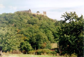 Eine Burg auf einem grün bewachsenen Hügel.