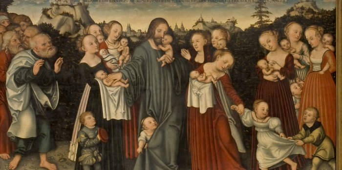 Cranach: Lasset die Kindlein zu mir kommen (um 1535) Dargestellt ist die Szene nach dem Markus-Evangelium (10, 14-16), in der Jesus zu seinen Jüngern spricht: "Lasst die Kinder zu mir kommen und wehret ihnen nicht; denn solchen gehört das Reich Gottes. Wahrlich, ich sage euch: Wer das Reich Gottes nicht empfängt wie ein Kind, der wird nicht hineinkommen. Und er herzte sie und legte die Hände auf sie und segnete sie."