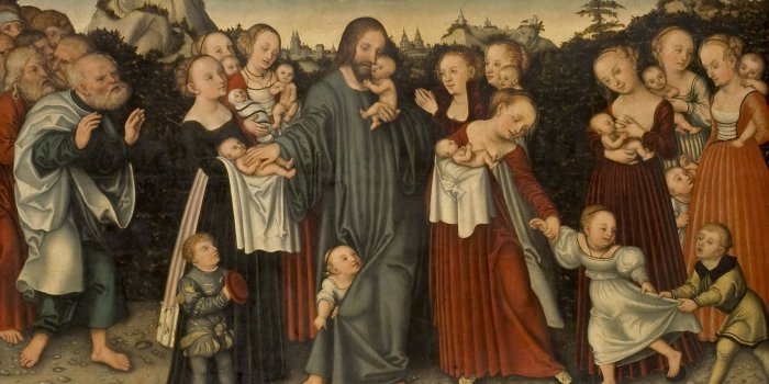 Bild: Cranach: Lasset die Kindlein zu mir kommen (um 1535) © Angermuseum Erfurt Dargestellt ist die Szene nach dem Markus-Evangelium (10, 14-16), in der Jesus zu seinen Jüngern spricht: "Lasst die Kinder zu mir kommen und wehret ihnen nicht; denn solchen gehört das Reich Gottes. Wahrlich, ich sage euch: Wer das Reich Gottes nicht empfängt wie ein Kind, der wird nicht hineinkommen. Und er herzte sie und legte die Hände auf sie und segnete sie."