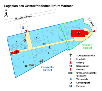 Lageplan des Ortsteilfriedhof mit Angaben zu Grabanlagen, Lage der Trauerhalle, Wasserstellen und Abraumplätzen, sowie zu den Eingängen und Parkplatzhinweis.