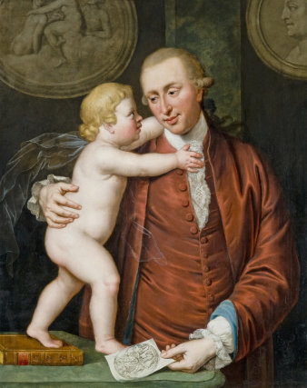 Ein Herr in rehbrauner zeitgenössischer Kleidung schaut auf einen blonden Engel, den er im Arm hält. 