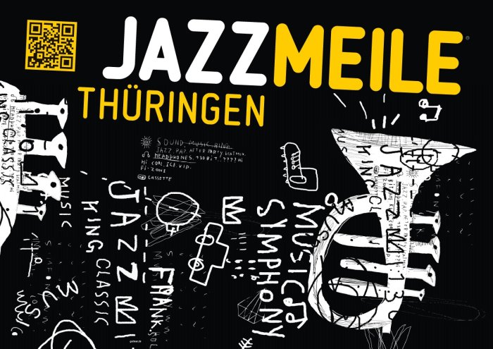 Jazzmeile Plakat Plakatmotiv der Jazzmeile Thüringen mit schwarzem Hintergrund, einer skizzierten Tuba und Schrift