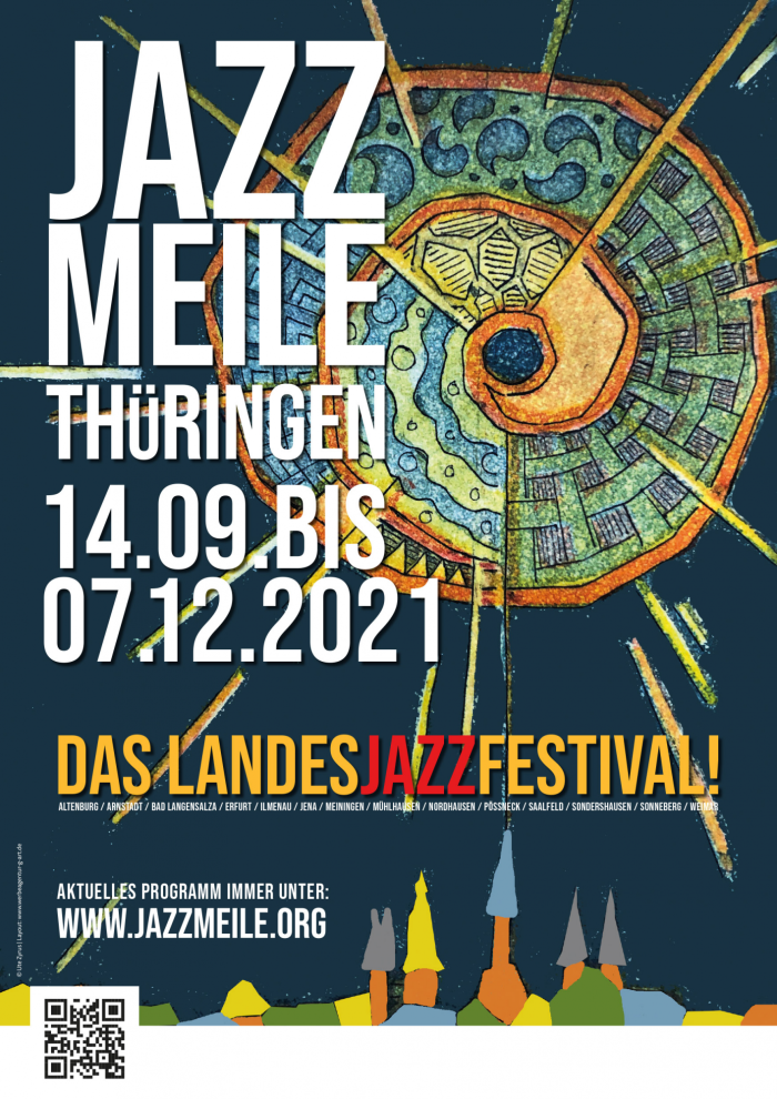 Poster mit der Aufschrift Jazzmeile und bunter Grafik im Hintergrund