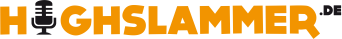 Logo Highslammer e. V. Das Wort "Highslammer" ist in orangenen Großbuchstaben geschrieben, das "i" ist als Mikrophon gestaltet.
