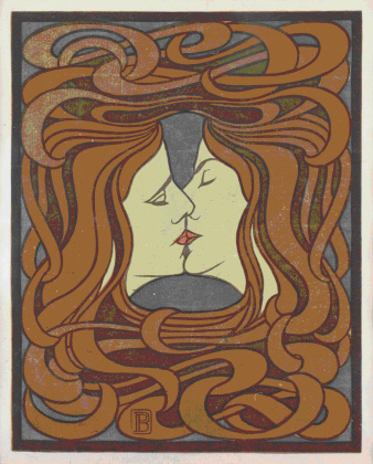 Die Gesichter des Paares befinden sich in der Mitte des Bildes, die Münder berühren sich, die umgebenden Haare sind in Jugendstil-Ornamentik dargestellt