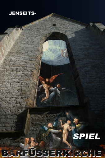 Bild: Collage – Jenseitsspiel, Barfüßerkirche © Stadtverwaltung Erfurt, H. Röder Jenseitsspiel als Collage mit der Barfüßerkirche und dem Gemälde von Hieronymus Bosch, Der Flug zum Himmel-Ausschnitt von 'Vision vom Jenseits'