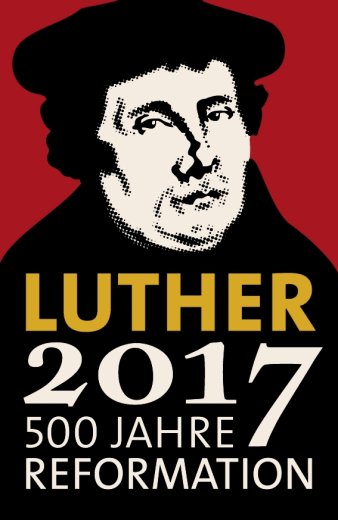 Ein stilisiertes Luther-Porträt, darunter Schriftzug