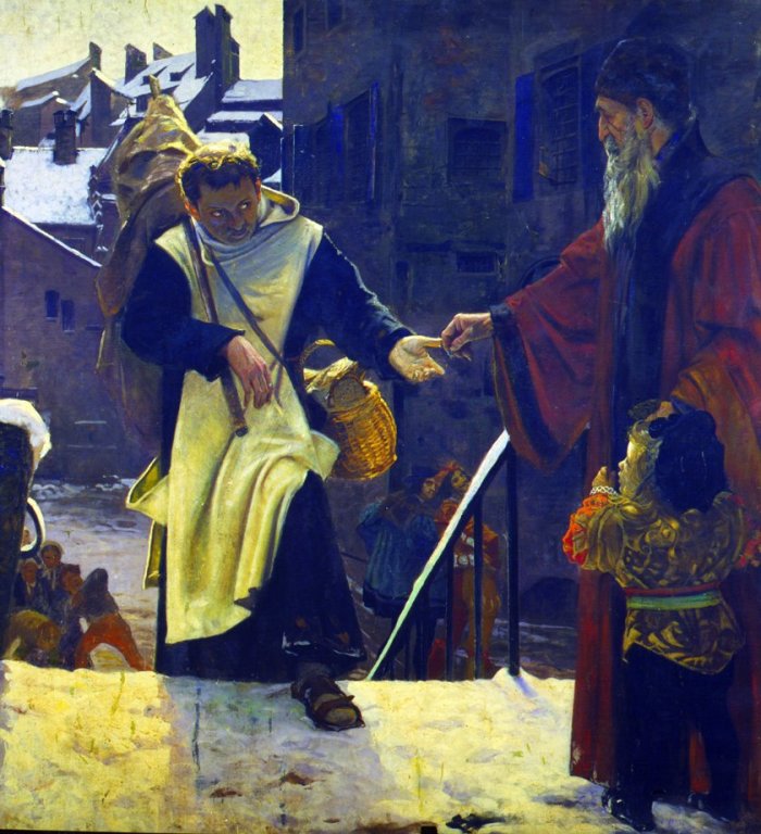 Luther als Bettelmönch auf den Straßen von Erfurt /Eduard Kämpffer Luther in Kutte hält die Hand auf, ein Mann, rechts, reicht ihm eine Gabe.
