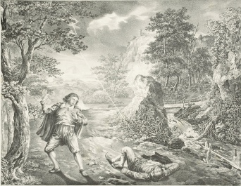 Ein stehender Mann, rechts ein auf dem Boden liegender Mann. Beide in einer Landschaft