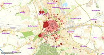 Stadtplan Erfurt mit einzeichneten Flächen der Denkmäler